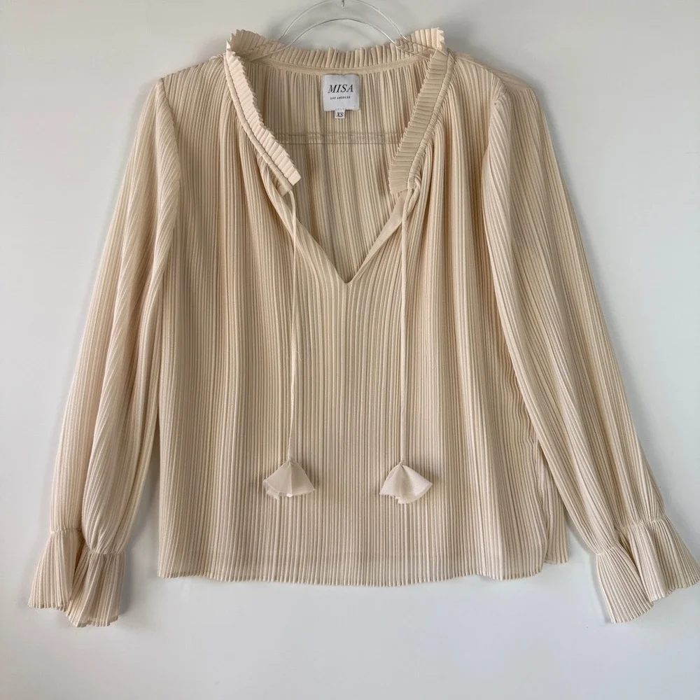 MISA Los Angeles Blouse Womens XS Cream Pleated V-Neck Tie Tassel Ruffle Cuff - Picture 2 of 14